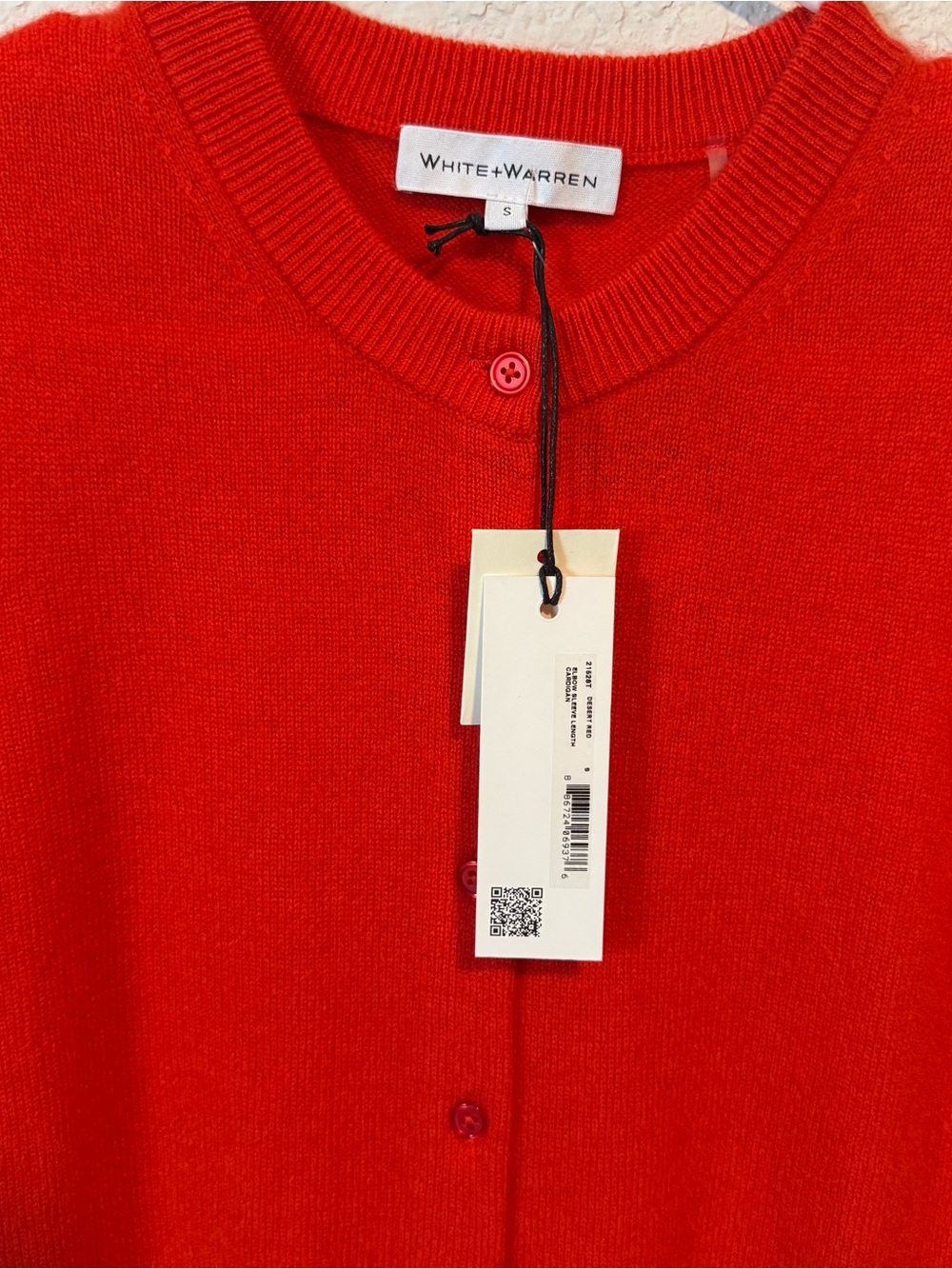 White + Warren 100% Cashmere Short-Sleeve Cardigan in Color Desert Red NWT - Picture 4 of 5